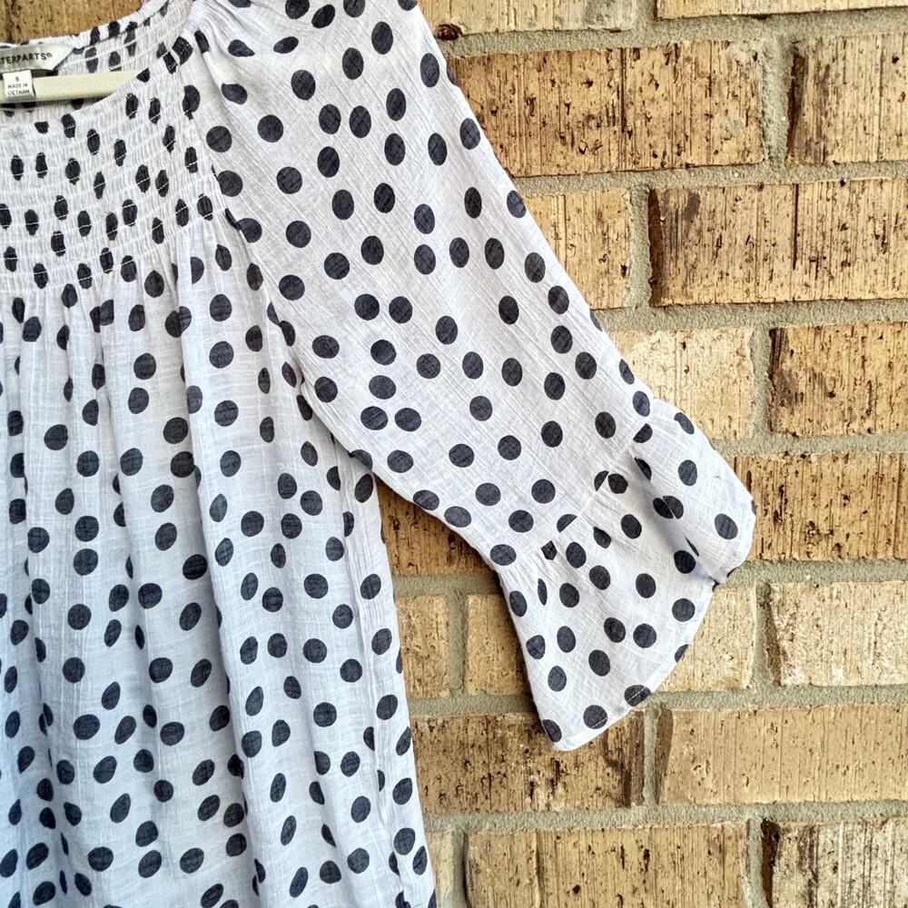 White Black Polka Dot Smocked Peasant Blouse Womens Small Boho Ruffle Sleeve - Picture 7 of 9
